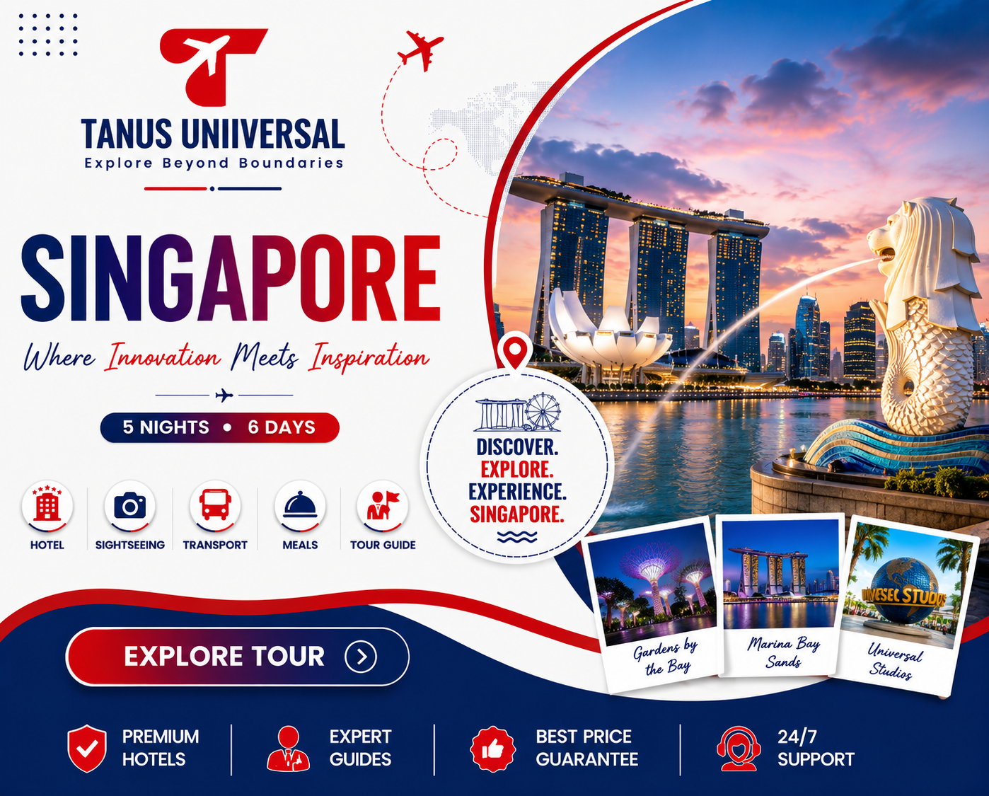 Singapore tour package by Tanus Uniiversal featuring Marina Bay Sands, Merlion Park, Gardens by the Bay, and Universal Studios with a 5 Nights 6 Days itinerary including hotel, sightseeing, transport, meals, and tour guide.