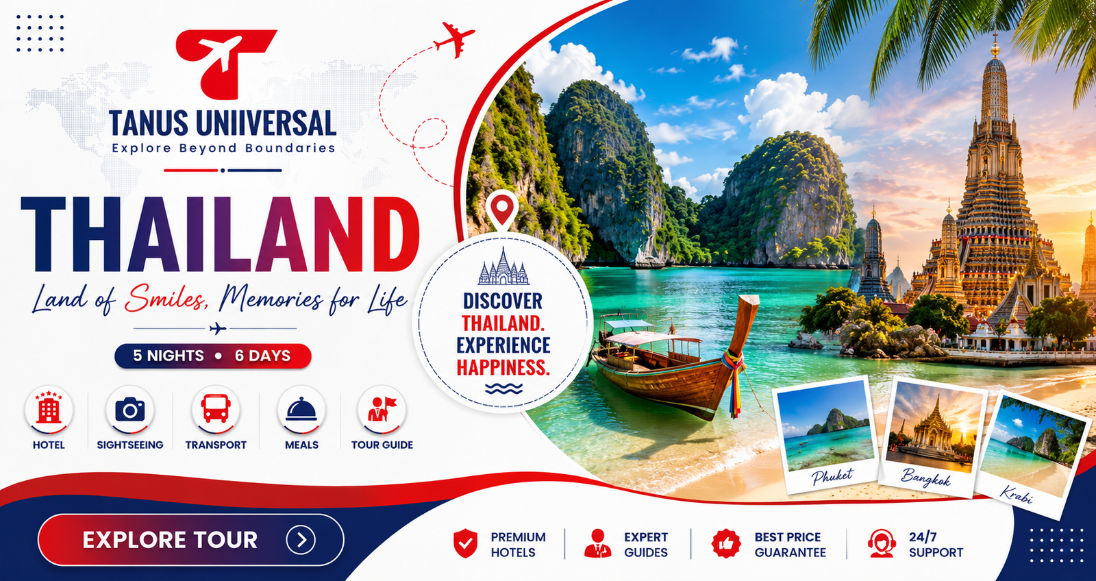 Thailand Tour Package by Tanus Uniiversal featuring Bangkok, Phuket, Krabi, long-tail boats, tropical beaches, limestone islands, and iconic temples. This 5 Nights 6 Days international holiday package includes premium hotels, sightseeing, transport, meals, expert tour guide, best price guarantee, and 24/7 travel support.